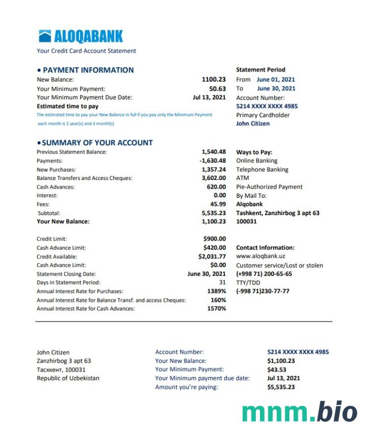 Urugwaj Itau szablon wyciągu bankowego w formacie Word i PDF